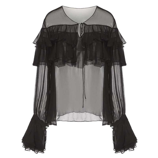 ATELIER MISS LU ruffle design sheer mulberry silk top - THOMAS.