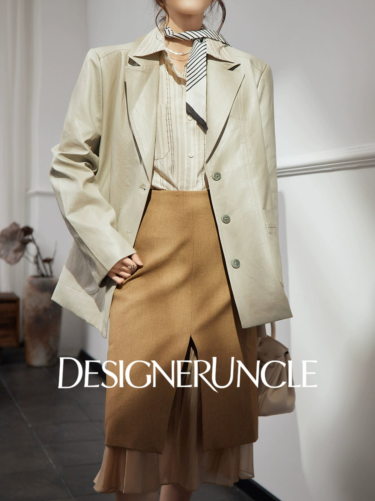 DGU "Light Twilight" Beige Gray Haining Genuine Leather Jacket - Billie.