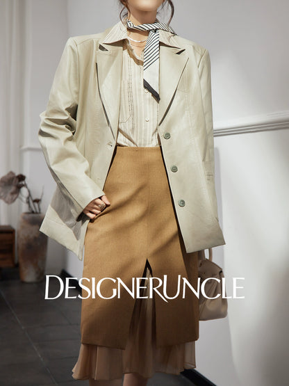 DGU "Light Twilight" Beige Gray Haining Genuine Leather Jacket - Billie.