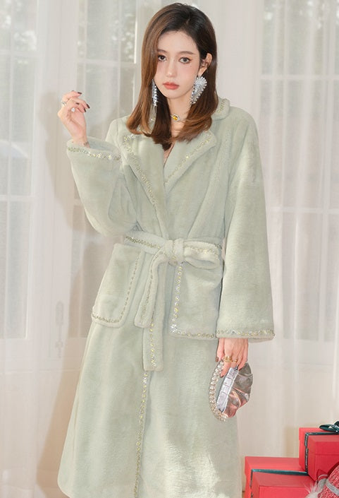 Wardrobes by Chen Elegant  Long Sleeve Velvet Diamond Chain Coat- Poie