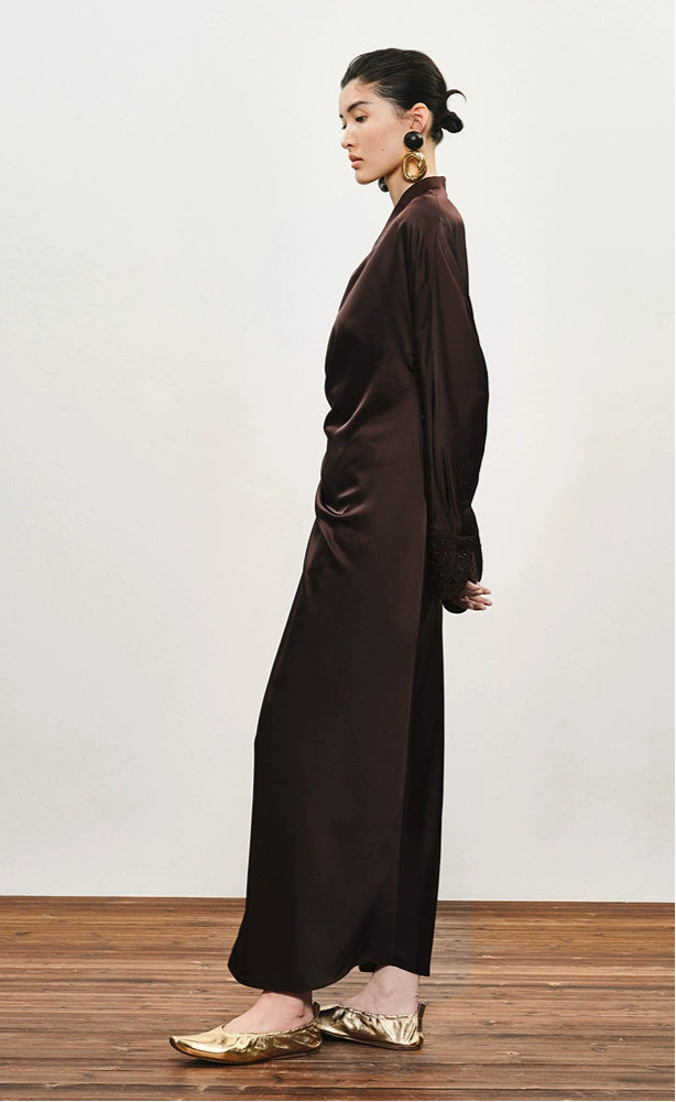 ZHUCHONGYUN Brown long-sleeve midi wrap dress-TRAIFY.