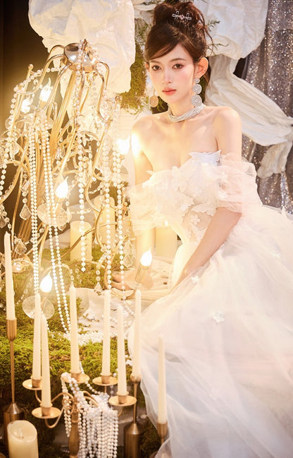 DOLLY Elegant White Off Shoulder Short Sleeve Flower Wedding Dress-SOPHIE  (V)