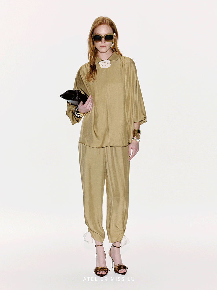ATELIER MISS LU Embellishment Cinched Acetate Tapered Pants - LEE.