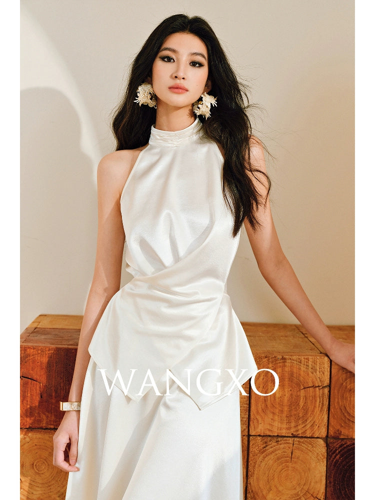 WANGXO | Pearl Lustrous Luxury Gilt Satin  Halterneck Folded Waist Top & High-Waisted Umbrella Skirt Set - ARIA