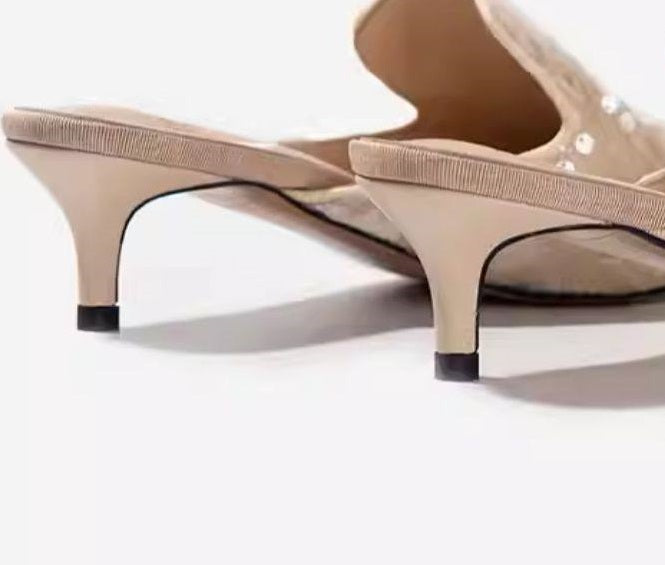 B-FEI Niche Embroidered Pointed Semi-Toe Kitten Heel Mules-IMMU.
