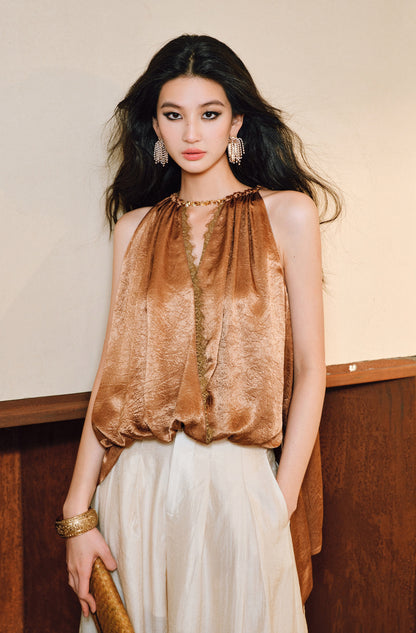 WANGXO|Lace-Trimmed Metal Chain Halterneck V-Neck Pleated Top with Delicate Texture -AYRA