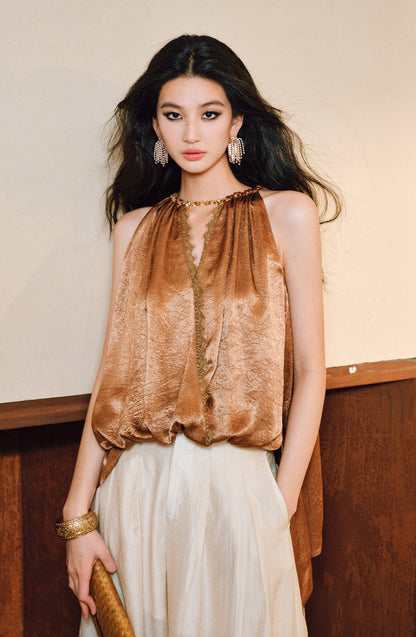 WANGXO| Acetate  Lace-Trimmed Metal Chain Halterneck V-Neck Pleated Top -AYRA.