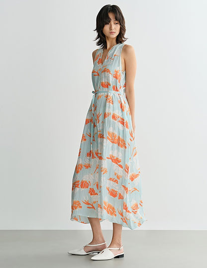 COMME MOI Lv Yan Designer Summer Women's V-Neck Sleeveless Resort Print Dress - OLIVIA.