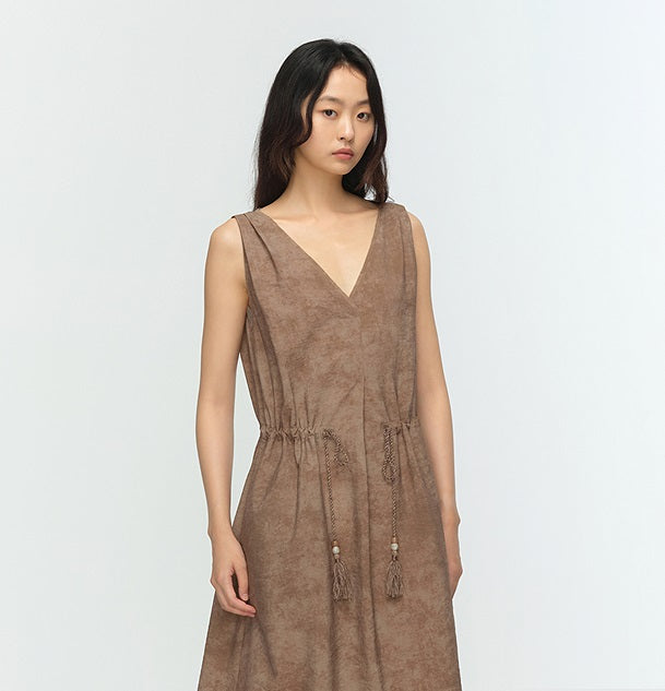 COMME MOI summer sleeveless V-neck drawstring brown dress - FRANK.