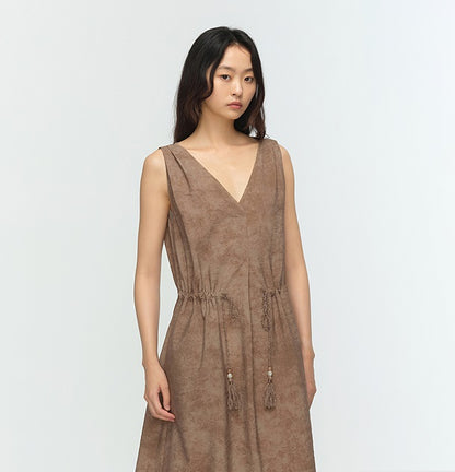 COMME MOI summer sleeveless V-neck drawstring brown dress - FRANK.