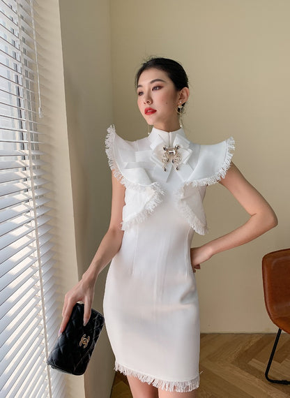 DOLLY Elegant White/Black Stand Collar Short Sleeve Slim Fit Short Fringe Dress-FRIYA