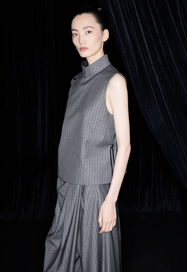 M essential Mackay designer label sand diamond grey stripe diamond buckle drawstring vest - ZING.