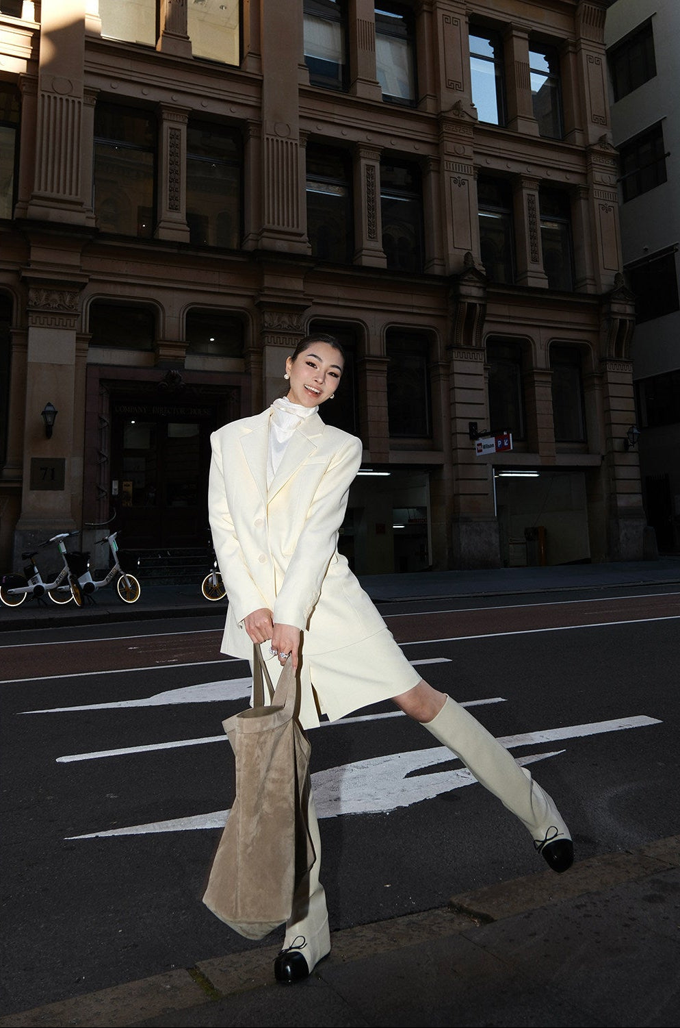 MEI SANGUAN Classic Beige Shoulder-Pad Blazer & Straight Midi Skirt Set- ANDER