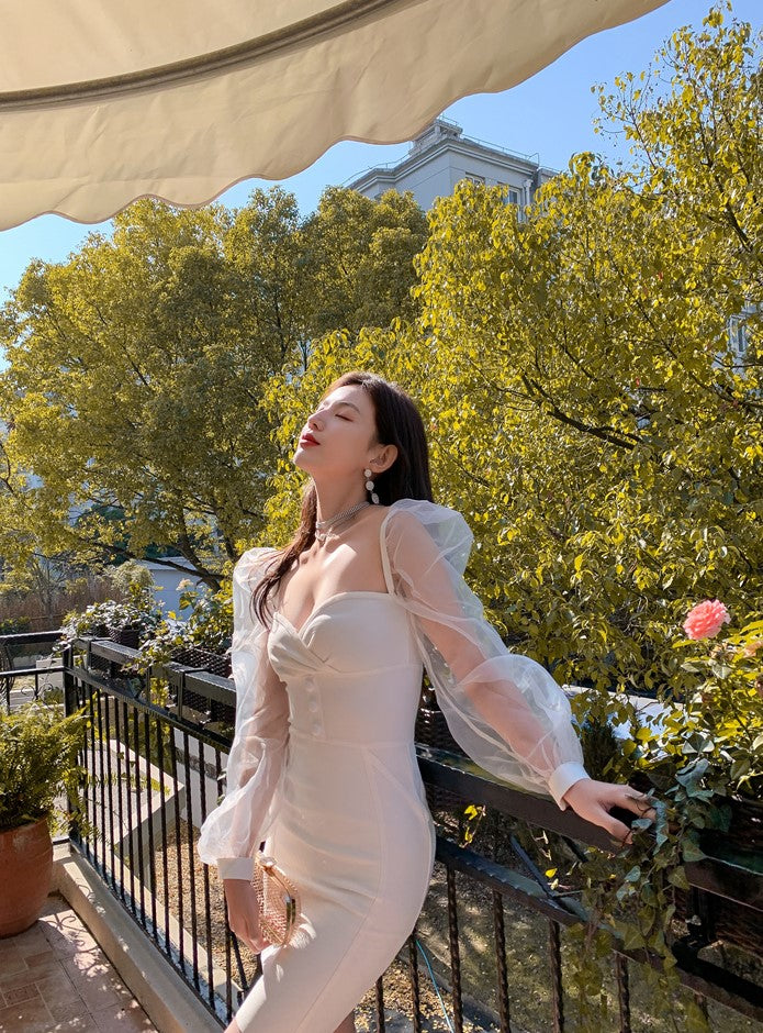 DOLLY Elegant White/Black V-Neck Mesh Long Puff Sleeve Slim Fit Dress-HAN