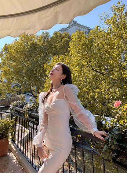 DOLLY Elegant White/Black V-Neck Mesh Long Puff Sleeve Slim Fit Dress-HAN