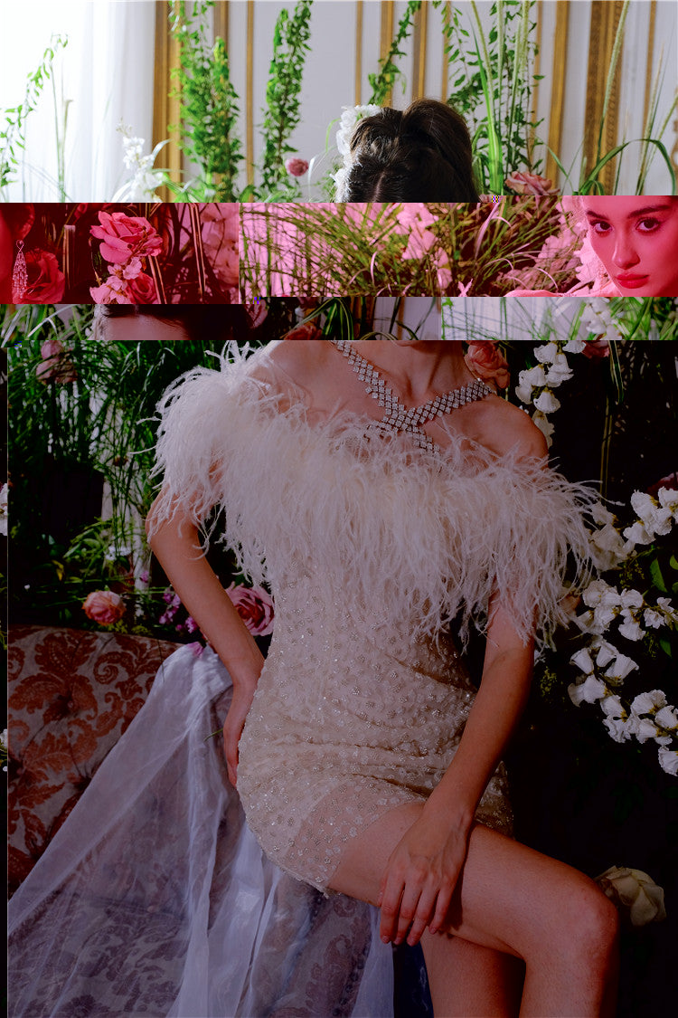 Wardrobes by Chen Luxury Off White Off Shoulder Feather Short Mini Party Dress-Genny