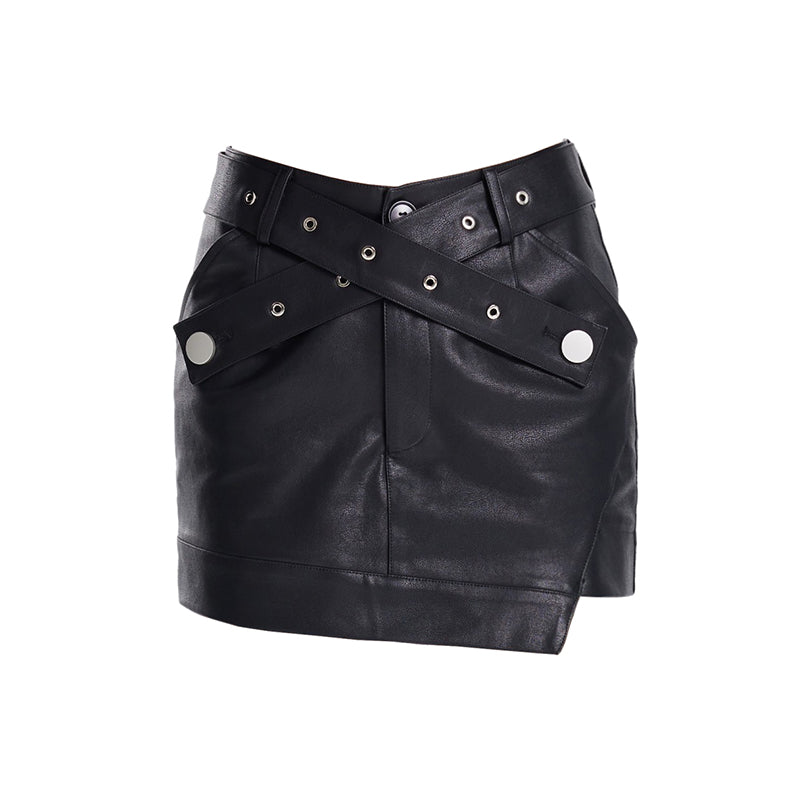 TINY IN cross belt pu leather black skirt -DASHY