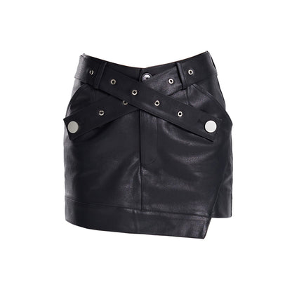 TINY IN cross belt pu leather black skirt -DASHY