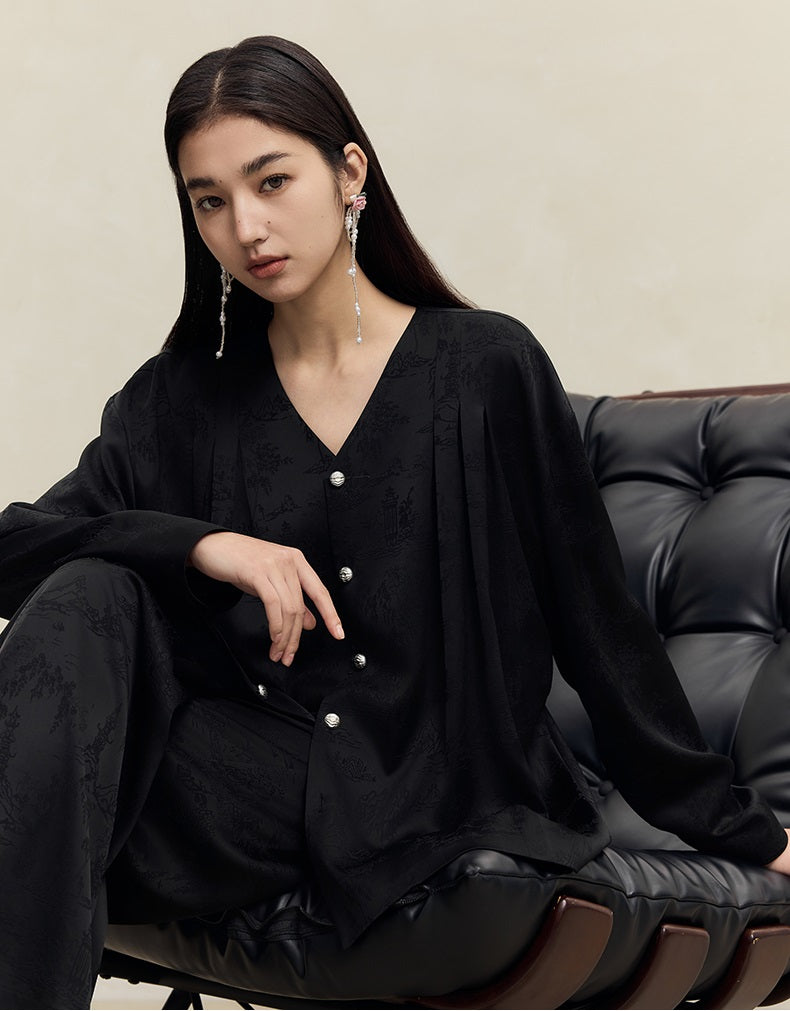 HECO Shan Ting Acetate Jacquard Suit Loose black yellow Top Pants Women - favour.