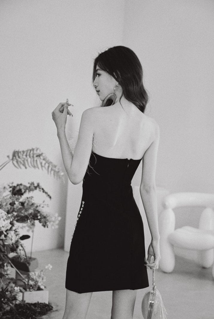 DOLLY Luxury Black Sleeveless Pink Feather Tube Top Short Slim Fit Birthday Dress-IRISA