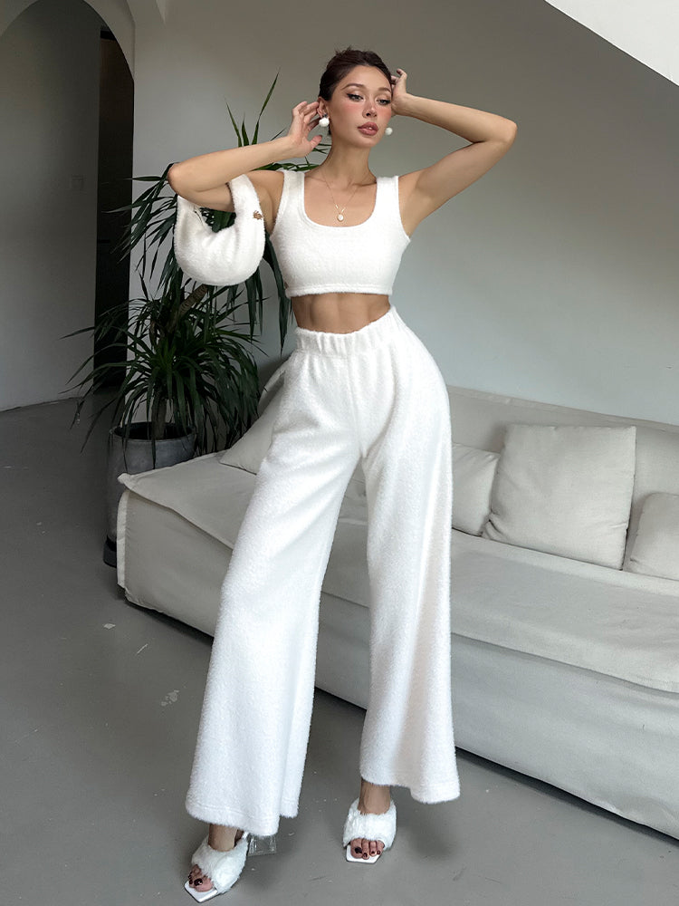Le Palais Vintage Luxury White Fur Hand bag Plush Vest High Waist Wide-leg Pants Suit-Sonia