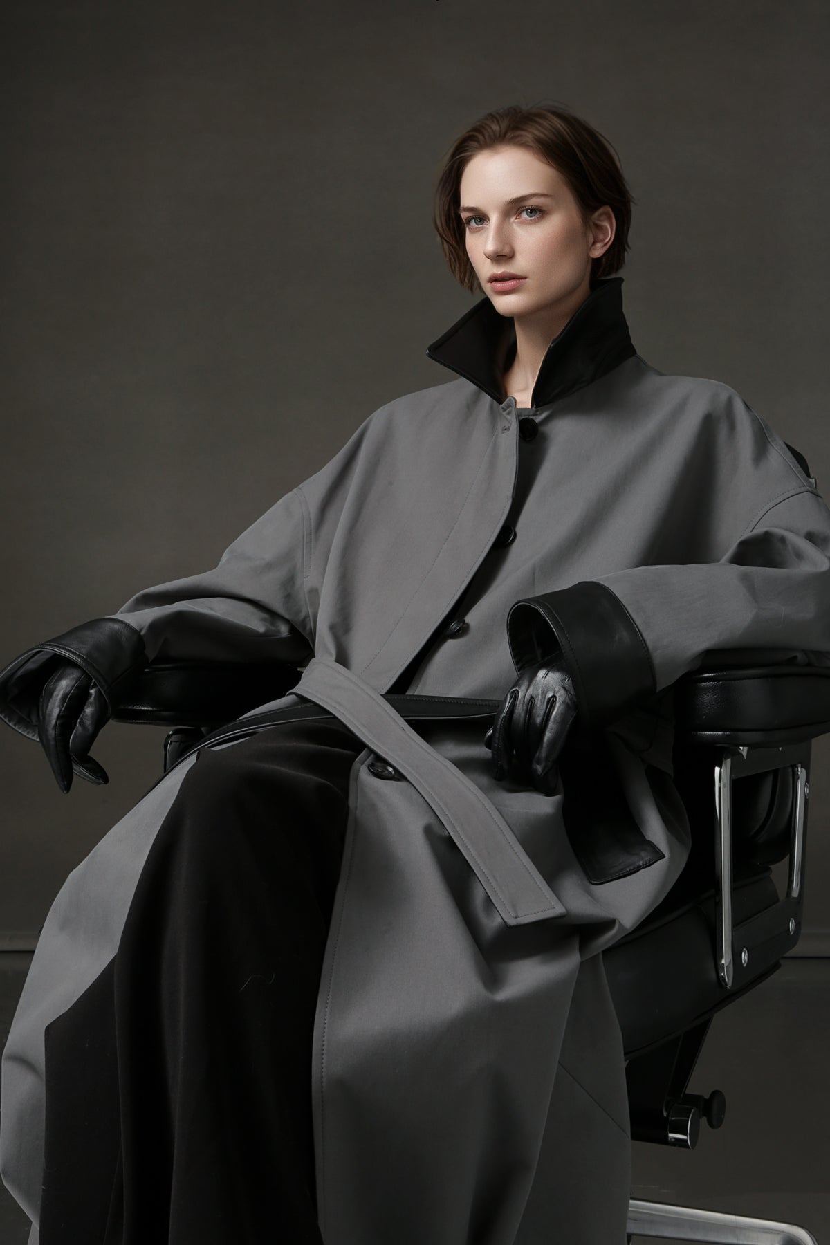 PIAOIN sheepskin stitched collar design sense trench coat women's unisex style-DEX