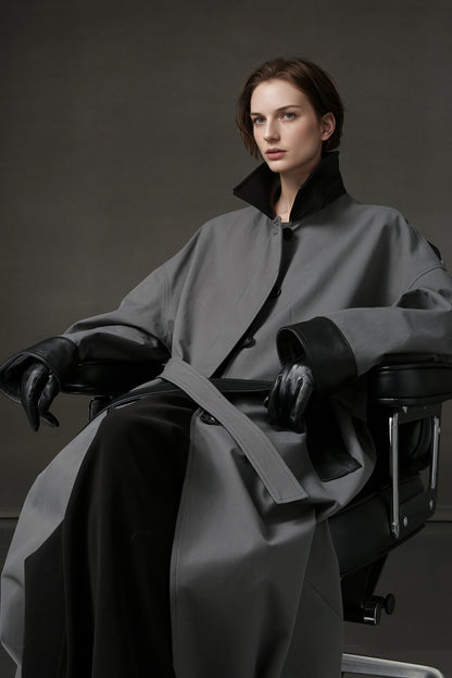 PIAOIN sheepskin stitched collar design sense trench coat women's unisex style-DEX