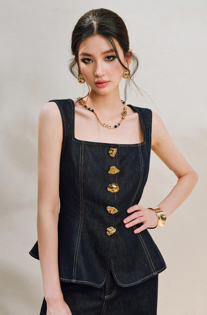 WANGXO | Light-Breathing Tencel Cotton Custom Metal Buckle Vest & Wide-Leg Pants Retro Denim Suit-YARA