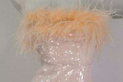 DOLLY High End Off White Feather Tube Top Sequin Short Slit Party Dress-PANTI