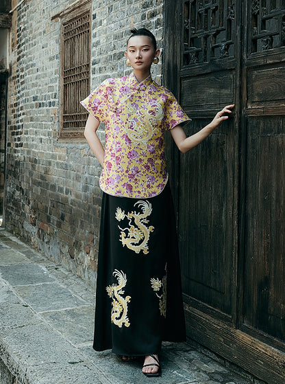 HECO Chinese style golden dragon embroidery short-sleeved placket buttoned shirt - QAND.
