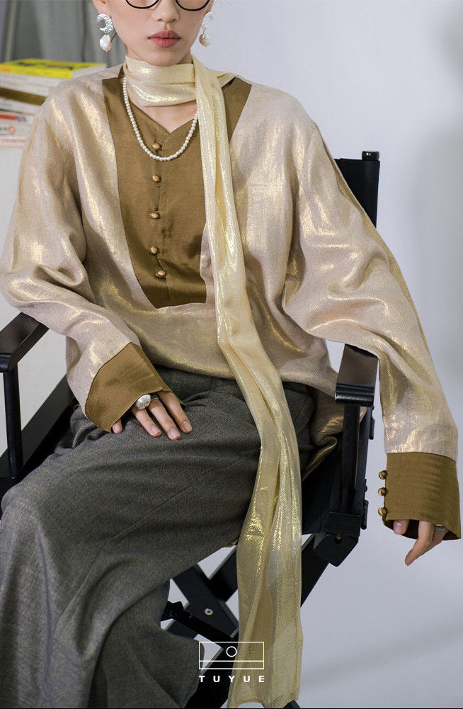 TUYUE Linen Glossy Long Sleeve V-Neck Loose Shirt - ALICIA.