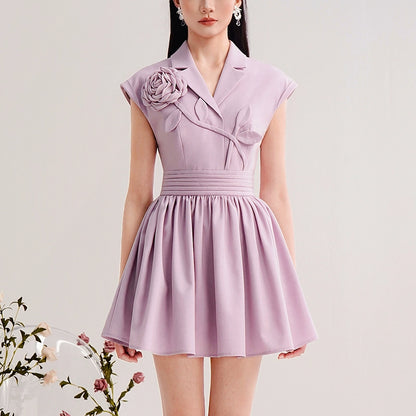CHECOCRE Cute Delicate Three-dimensional Rose High-waisted Thin Purple Suit Dress - ABILITY