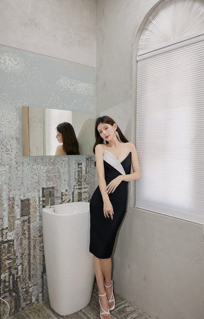 DOLLY Elegant Black and White Sleeveless Bandeau One Shoulder Long Dress-DEVIKA