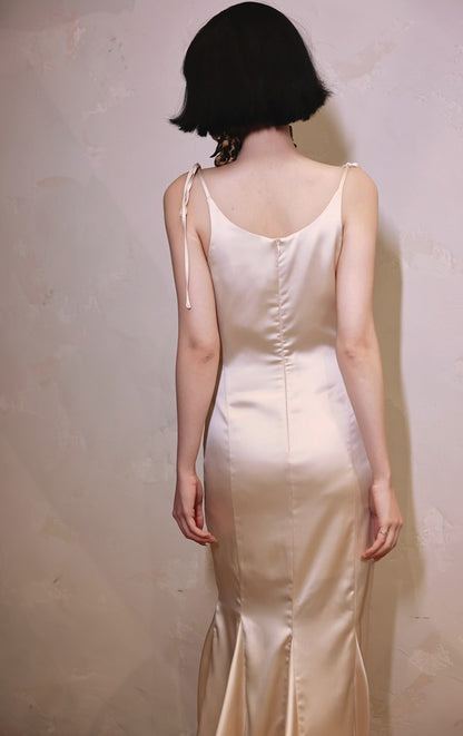 DOLLY Luxury White Stain Retro Sleeveless Long Fishtail Cocktail Dress-BETA