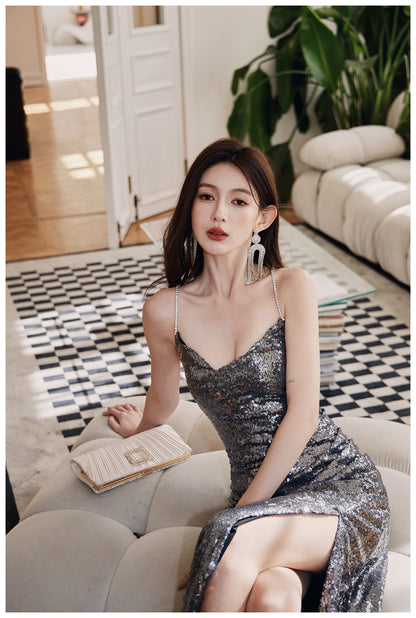 DOLLY High End V-Neck Sleeveless Long Slit Sequin Body Hug Evening Dress-KIM