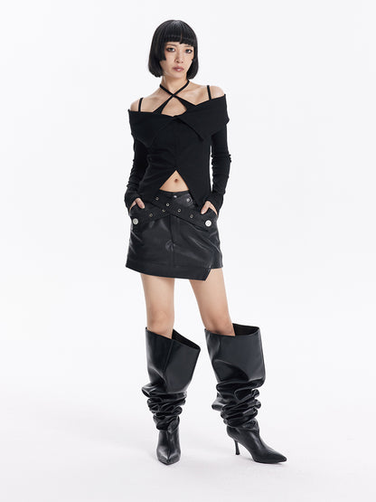 TINY IN cross belt pu leather black skirt -DASHY