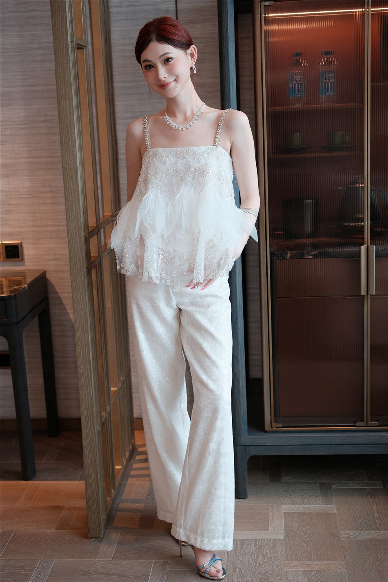Wardrobes by Chen White sequin Strap Lace Loose Top High Waist Straight Pant-Lacey