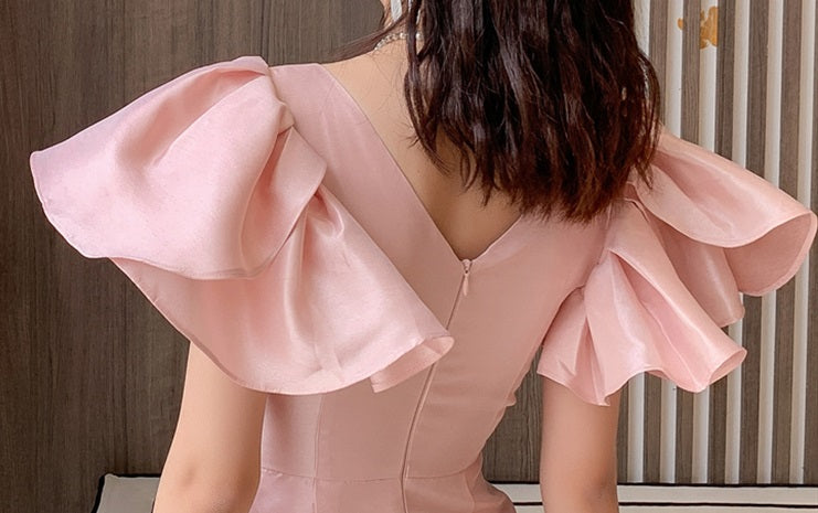 DOLLY Elegant V-Neck Short Flying Sleeve Hip Wrap Short Dinner Date Dress-KELA