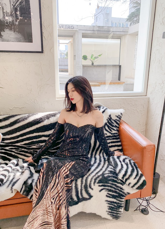 DOLLY High End Black Gold Chest Wrap Long Sleeve Off Shoulder Long Banquet Dress-KANTE