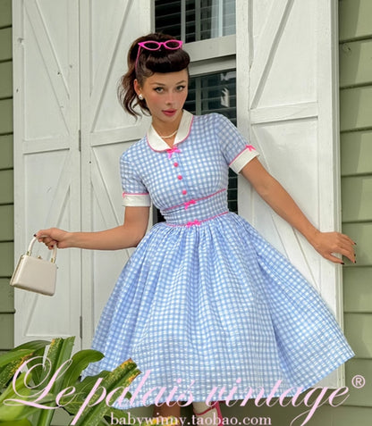 Le Palais Vintage Blue Plaid Waist Swing Skirt Puffy Skirt-SEM