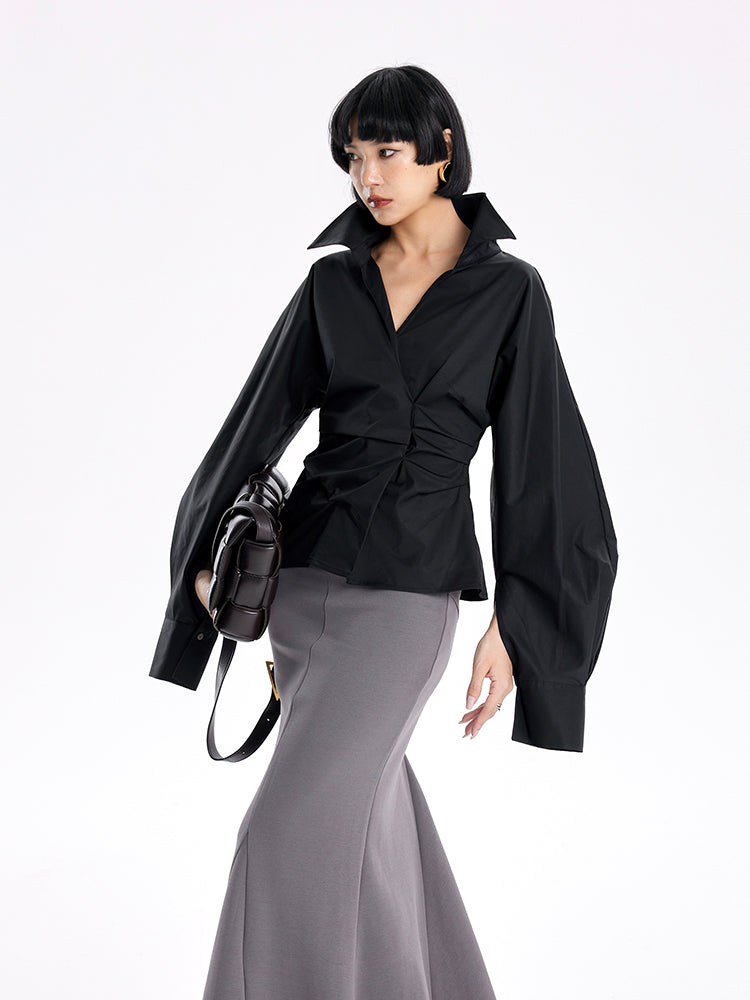 TINY IN stand-up collar casual pinch-pleated curved sleeve cinched waist shirt-KIA
