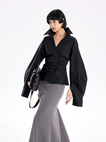TINY IN stand-up collar casual pinch-pleated curved sleeve cinched waist shirt-KIA