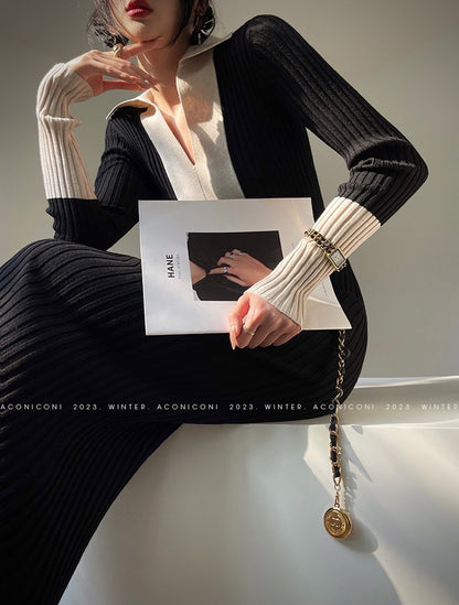 Aconiconi Luxury Polo Collar Long Sleeve Slim Fit Knitted Midi Dress- Paris Old Dream