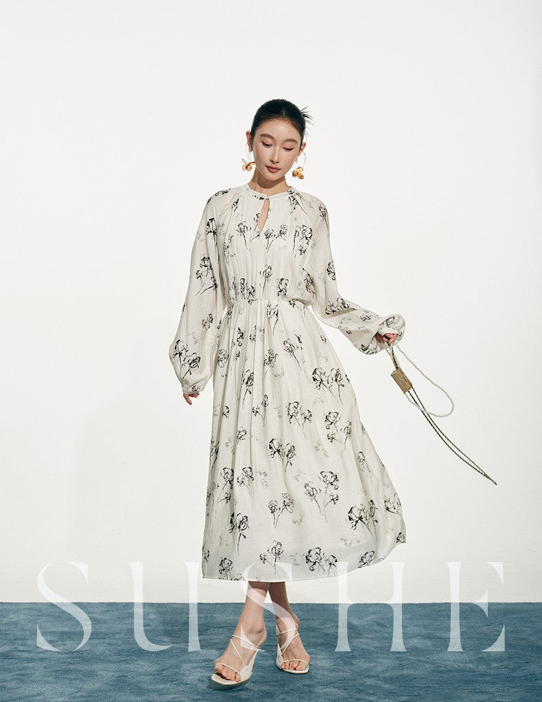 SUSHE white moonlight ink jacquard A-line  French summer long sleeve dress women-FLORA