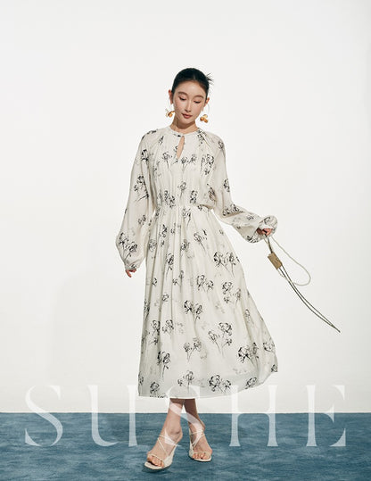 SUSHE white moonlight ink jacquard A-line  French summer long sleeve dress women-FLORA