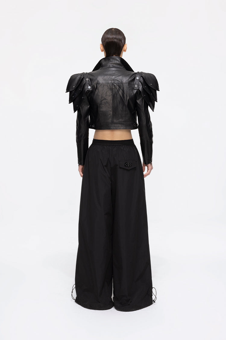 ANNAKIKI black deconstructed three-dimensional short leather jacket-AZUSA