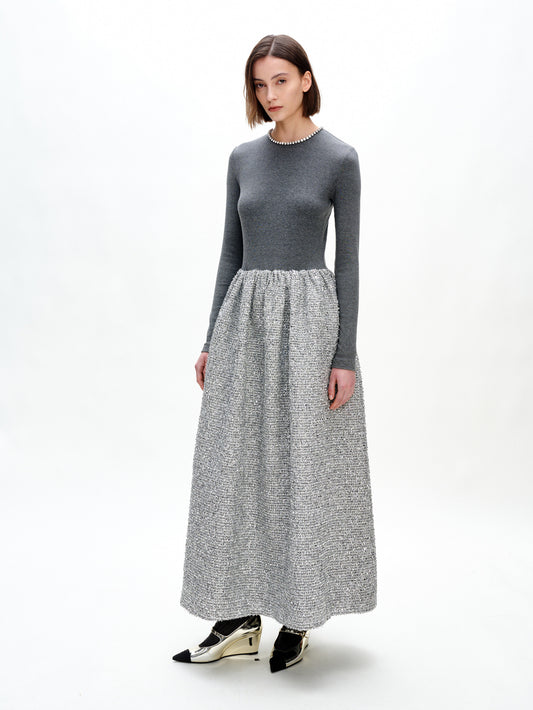 SERRER Grey knitted paneled diamond-encrusted backless dress - ETHAN.