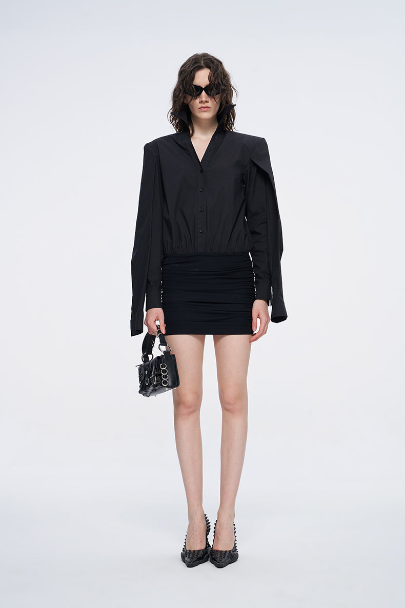 ANNAKIKI black double-sleeved needle shuttle spliced dress for women-FUMIHITO