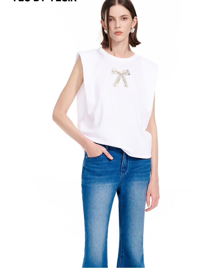 YES BY YESIR | Ye Qians Full Diamond Bow Crew Neck Sleeveless T-Shirt -VERALYN.