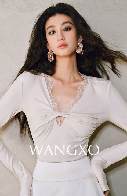 WANGXO | Sprinkled Silver Knit Lace Inlay with Twisted Pleated V-Neck Top- SIA.